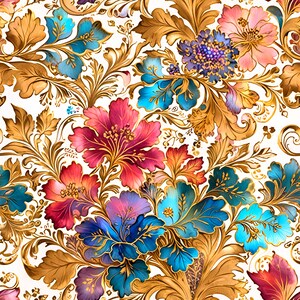 May include: A detailed floral pattern featuring vibrant blooms in shades of red, pink, blue, and purple, accented with gold-colored, ornate foliage. The design is set against a white background, creating a rich, decorative aesthetic.