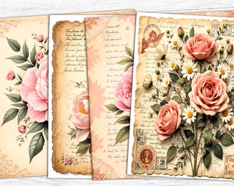 May include: A collection of vintage-style paper sheets featuring floral designs. The sheets showcase pink roses, peonies, and daisies, along with handwritten text and decorative borders. The color palette includes soft pinks, greens, and beige tones, creating a romantic and nostalgic aesthetic.