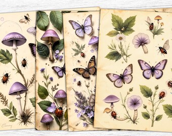 Botanical Junk Journal Papers: Vintage Butterfly, Mushroom Art (Digital Download)