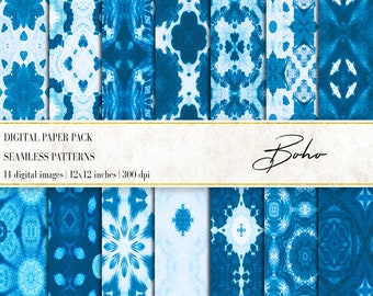 May include: A collection of 14 digital seamless patterns in shades of blue and white, with a Boho theme. Each image is 12x12 inches and 300 dpi. The patterns feature various abstract and geometric designs, perfect for digital projects.