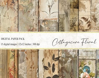 May include: A digital paper pack with 15 floral designs in a cottagecore style. The papers feature a variety of floral patterns, including roses, leaves, and lace. The papers are 12x12 inches and 300 dpi.