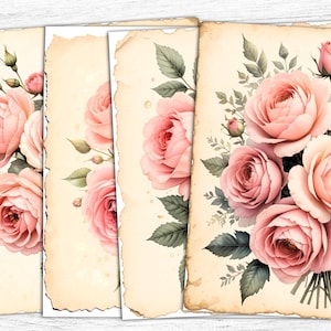 Papel de diario basura con peonías rosas, peonías imprimibles, fondo para decoupage, descarga digital, rosas imprimibles, uso comercial, rosas shabby chic
