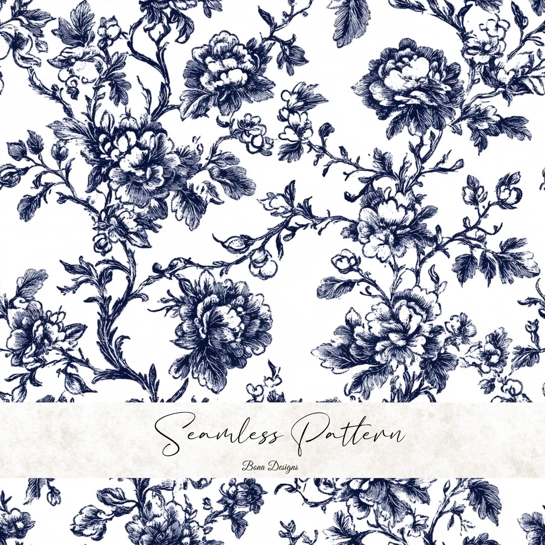 Toile De Jouy Seamless Pattern: Navy Blue French Floral Digital Paper ...