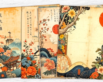 May include: Three vintage Japanese art prints featuring floral designs, a mountain scene, and a wave design. The prints are in shades of blue, red, green, and yellow. The text on the prints is in Japanese.