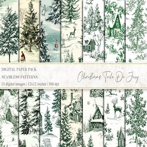 May include: A digital paper pack of 15 seamless patterns featuring a Christmas toile de jouy design. The patterns include illustrations of houses, trees, deer, and snowflakes in a green and white color scheme. The patterns are 12x12 inches and 300 dpi.