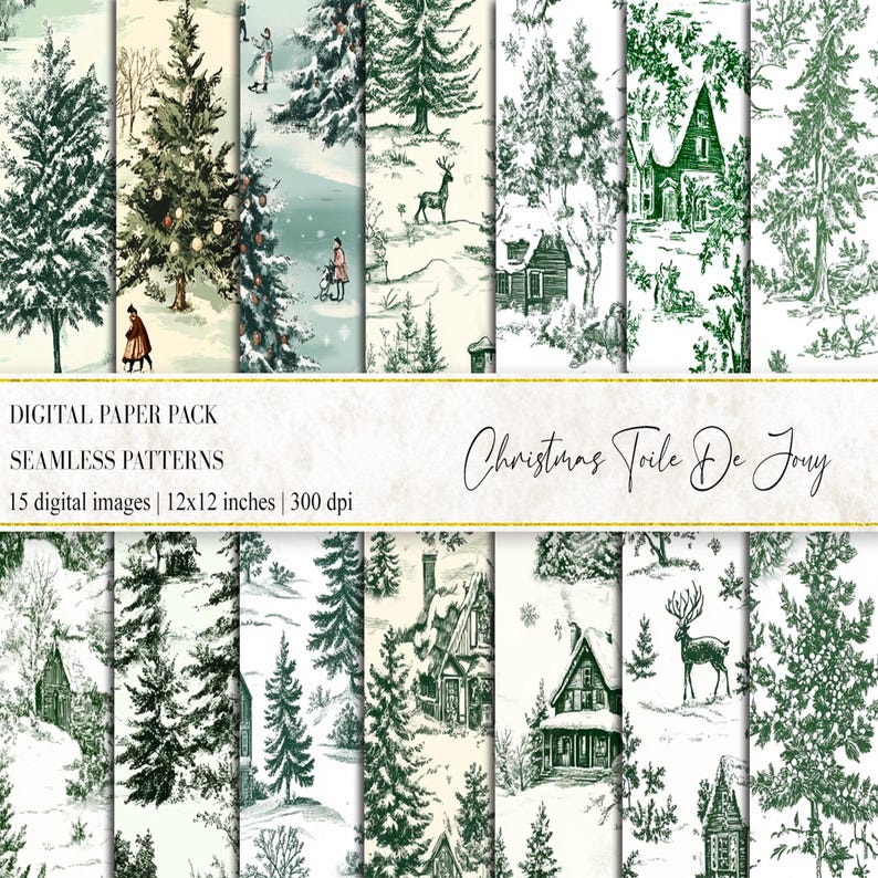 May include: A digital paper pack of 15 seamless patterns featuring a Christmas toile de jouy design. The patterns include illustrations of houses, trees, deer, and snowflakes in a green and white color scheme. The patterns are 12x12 inches and 300 dpi.
