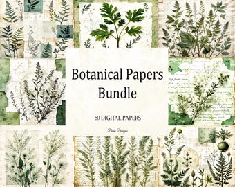 May include: A collection of botanical papers featuring various green and brown plant illustrations. The papers have a vintage aesthetic with torn edges and handwritten text. The text on the image reads "Botanical Papers Bundle" and "50 Digital Papers".