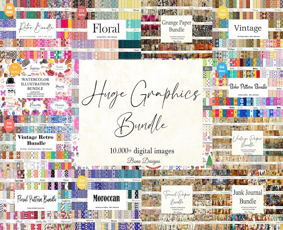 Mega Graphics Bundle, Digital Paper, Junk Journal Kit (11,744 Files)