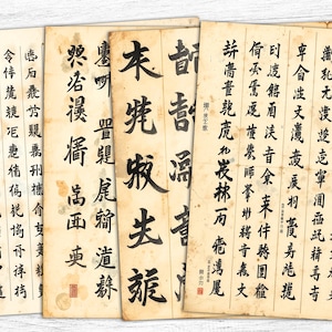 Könnte beinhalten: Nahaufnahme von fünf Seiten mit chinesischer Kalligraphie aus der Antike auf gealtertem Papier. Die Seiten sind mit schwarzen Tintenzeichen in traditionellem Stil gefüllt. Der Text enthält die Wörter "木積會維香報自立心新來音還", "棱袁文豆果塢利值夫走撐岸夏", "謝和尤慣沒這算圓福此精毒专", "辞書畫現壳和炭林丙疮湾屬", "計量學", "未先版光旅", "慶豐畳虎蝓 道豢", "奖若溪厝卤面典", "北晶皮墙报糞變肪組侑循ㄗ植", "牛金縷琵扳魯花天岌魯自兆亿", "中".