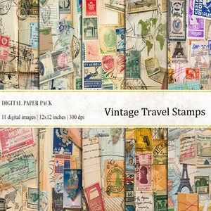 Timbres de voyage vintage papiers numériques, papiers de journal vintage, carte postale de voyage vintage, papiers de journal de voyage, fond numérique éphémère