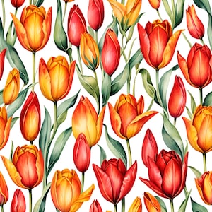 May include: Watercolor illustration of a seamless pattern of tulips in shades of red, orange, and yellow. The flowers are in various stages of bloom, with green leaves and stems against a white background. The floral design is suitable for fabric or wallpaper.