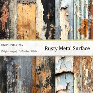 May include: A digital paper pack of 12 rusty metal surface textures. The textures are in various shades of brown, orange, blue, and gray. The pack includes 12 digital images, each measuring 12x12 inches at 300 dpi.