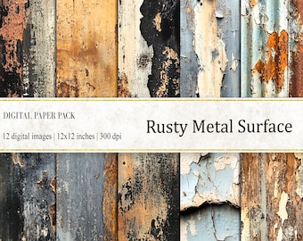 Puede incluir: Un paquete de papel digital de 12 texturas de superficie de metal oxidado. Las texturas son en varios tonos de marrón, naranja, azul y gris. El paquete incluye 12 imágenes digitales, cada una midiendo 12x12 pulgadas a 300 dpi.