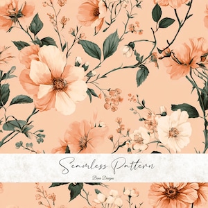 May include: Seamless floral pattern featuring large peach-colored flowers with dark green leaves and delicate branches. The design includes smaller white and peach blossoms on a light peach background. The text "Seamless Pattern" is displayed.