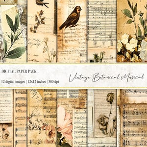 Papel digital musical botánico vintage, efímeras vintage, papel de diario basura, páginas de manuscritos, cartas antiguas, botánico descolorido, papel musical