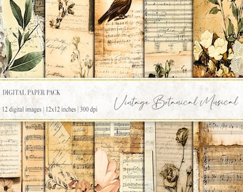 Vintage Botanical Musical Digital Paper, Vintage Ephemera, Junk Journal Paper, Manuscript Pages, Old Letters, Faded Botanical, Musical Paper