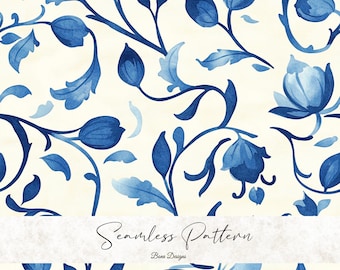 青い花柄シームレスパターン：ロココ調フレンチカントリー風デジタルペーパー（デジタルダウンロード）
