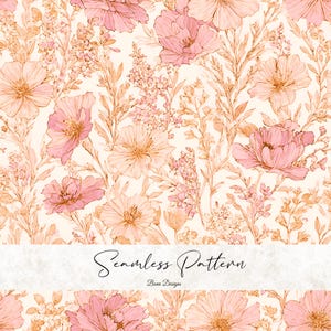 Puede incluir: Un patrón floral sin costuras con flores y follaje rosas y melocotón sobre un fondo crema. El diseño incluye varios tipos de flores y hojas delicadas. Se muestra el texto "Seamless Pattern" y "Bena Designs".