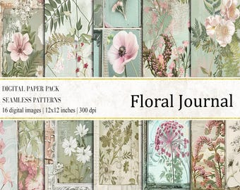 May include: A digital paper pack with 16 seamless floral patterns. The patterns feature various flowers, leaves, and butterflies in shades of pink, green, and white. The text "Floral Journal" is displayed on the image.