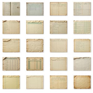 Peut inclure: Une collection de pages de registres et de journaux vintage avec des textures de papier vieilli. Les pages pr&eacute;sentent des notes manuscrites, des colonnes et des bords vieillis, certaines pages portant le mot "JOURNAL". La palette de couleurs est principalement beige et blanc cass&eacute;.