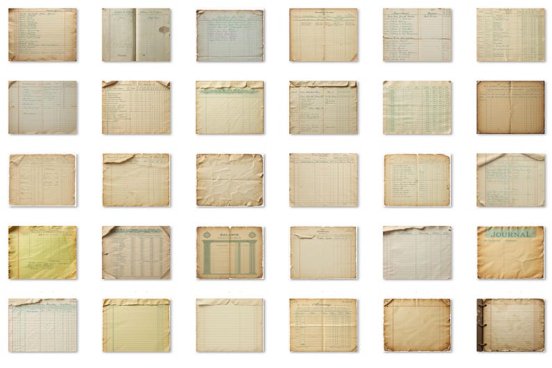Peut inclure: Une collection de pages de registres et de journaux vintage avec des textures de papier vieilli. Les pages pr&eacute;sentent des notes manuscrites, des colonnes et des bords vieillis, certaines pages portant le mot "JOURNAL". La palette de couleurs est principalement beige et blanc cass&eacute;.