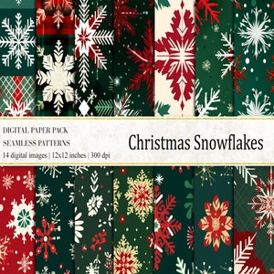 Vintage Christmas Snowflake Digital Papers: Red & Green Patterns (Digital Download)