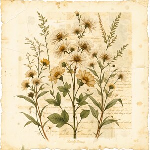 May include: A vintage botanical illustration of delicate white flowers with yellow centers on a cream-colored background. The image has a distressed, aged look and includes the text "Family Ferns".