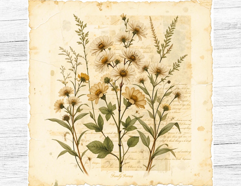 May include: A vintage botanical illustration of delicate white flowers with yellow centers on a cream-colored background. The image has a distressed, aged look and includes the text "Family Ferns".