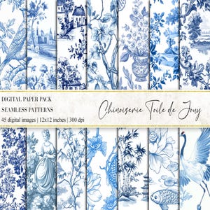 45 Blaue Toile de Jouy Digital-Papiere, Chinoiserie Blumen Digital-Papiere, Vintage Blumenmuster, französisches Toile Muster, Chinoiserie Muster