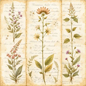 May include: Vintage botanical illustration featuring three different types of flowers with handwritten text in the background. The flowers are depicted in shades of pink, yellow, and brown.