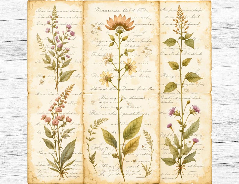 May include: Vintage botanical illustration featuring three different types of flowers with handwritten text in the background. The flowers are depicted in shades of pink, yellow, and brown.