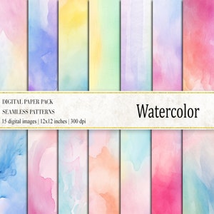 Puede incluir: Un paquete de papel digital de 15 patrones de acuarela sin costuras en varios colores pastel. Cada patrón mide 12x12 pulgadas y 300 dpi.