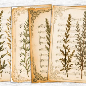 Vintage musikalisches Junk Journal Papier, getrocknete Blumen digitale Papiere, Collage Seiten, digitaler Download, Vintage Druck, kommerzielle Nutzung