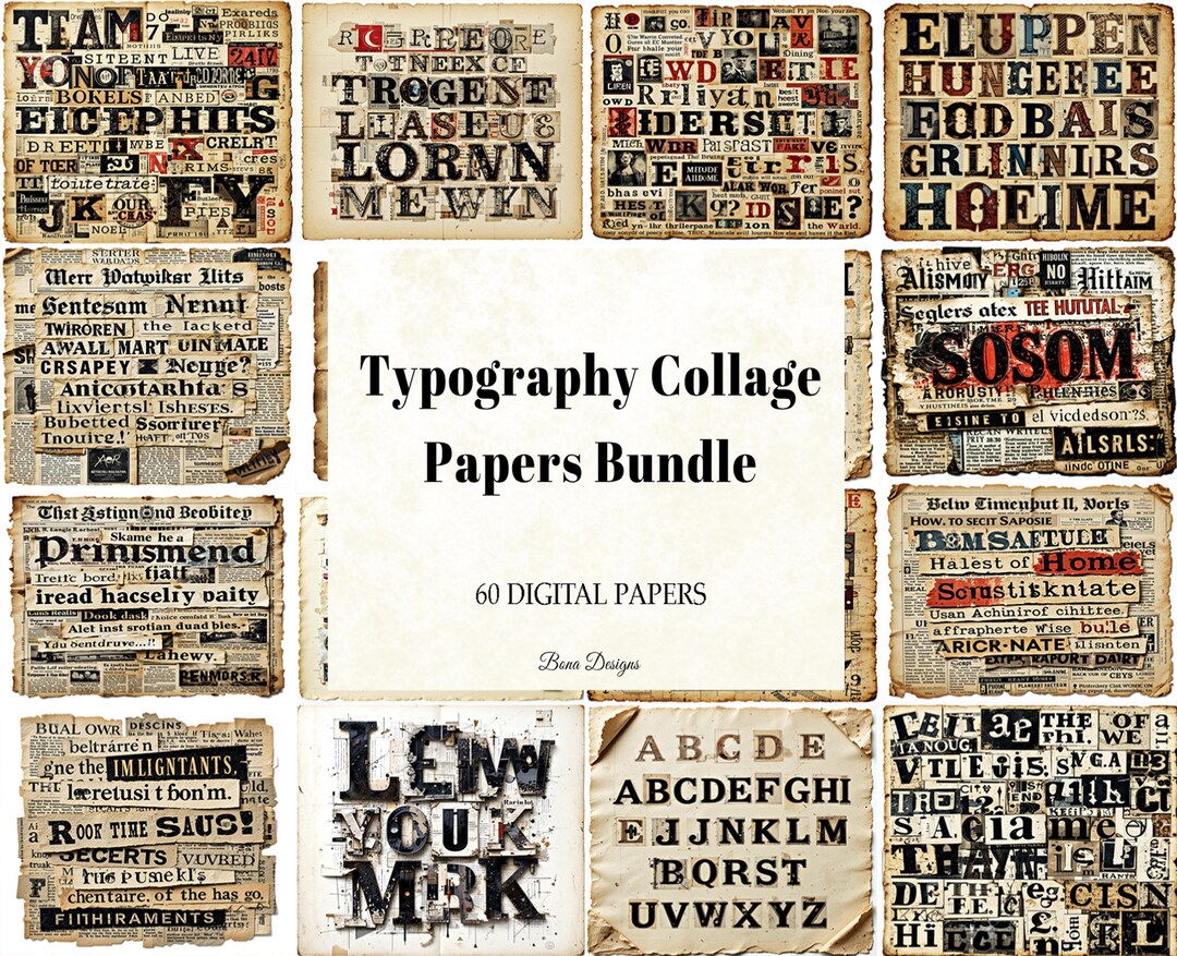 Typography Collage Paper Bundle: Grunge Letter Scrapbook (digital ...