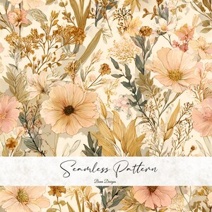 May include: A seamless floral pattern featuring a variety of flowers in shades of peach, pink, and gold, with green foliage on a cream background. The text "Seamless Pattern" and "Bena Designs" are written in a script font.
