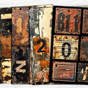 May include: A collection of rusty metal plates with numbers and letters printed on them. The plates are arranged in a grid pattern and have a distressed, vintage look.