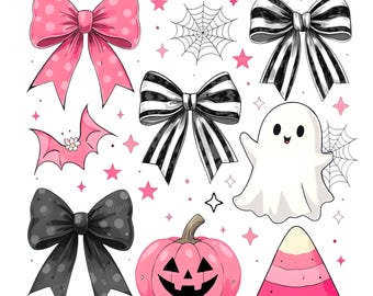 Coquette Ghost Halloween Clipart: Pink Bows, PNG, Sublimation (Digital Download)