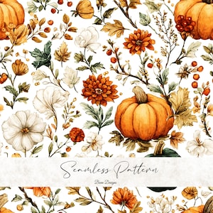 May include: Seamless pattern featuring watercolor illustrations of pumpkins, flowers, and foliage in shades of orange, white, and green on a white background. The text "Seamless Pattern" and "Bena Designs" are written in cursive font.