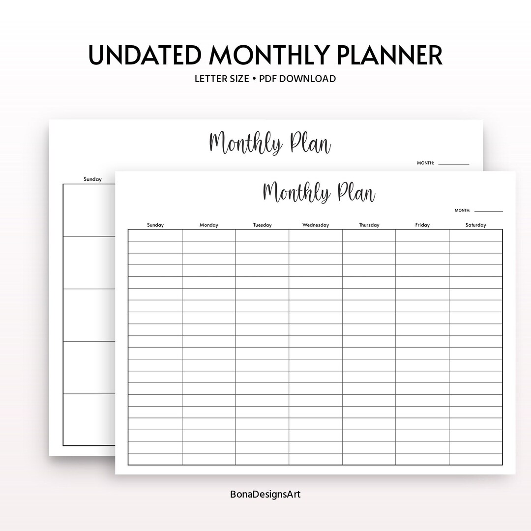 Undated Monthly Planner Printable, Blank Calendar (PDF Download) - Etsy