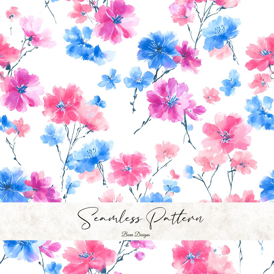 Watercolor Ditsy Flowers Seamless Pattern: Pink Blue Flowers Fabric ...