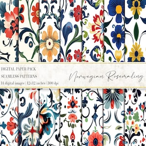 Padrão de Rosemaling Norueguês, Papéis Digitais de Rosemaling Norueguês, Padrões Folclóricos, Papéis Digitais Florais, Papel para Scrapbook, Padrões Florais