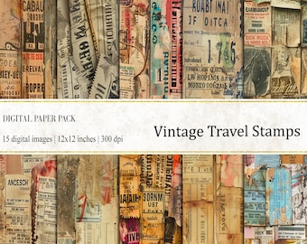 May include: A digital paper pack of 15 vintage travel stamps, each measuring 12x12 inches at 300 dpi. The stamps feature a variety of designs, including text, numbers, and images. The stamps are in various shades of brown, yellow, blue, and red, with a distressed, aged look.