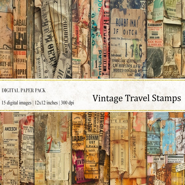 Vintage Travel Stamps Digital Papers, Vintage Journal Papers, Vintage Travel Postcard, Journal Papers, Travel Ephemera Background