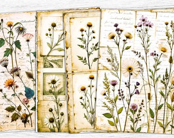 Vintage Botanical Junk Journal Papers: Floral Collage Sheet (Digital Download)