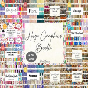 K&ouml;nnte beinhalten: Eine Collage aus digitalen Papiermustern in verschiedenen Stilen, darunter floral, vintage, retro, grunge, boho, marokkanisch, Reise und Junk Journal. Das Bild enth&auml;lt den Text "Huge Graphics Bundle" und "11.744 Artikel".