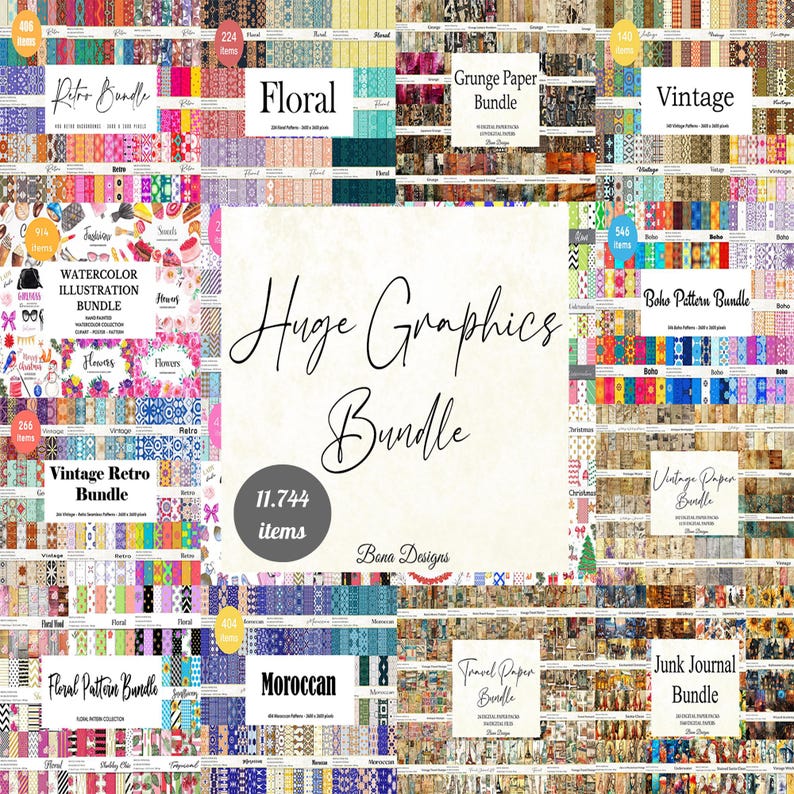 K&ouml;nnte beinhalten: Eine Collage aus digitalen Papiermustern in verschiedenen Stilen, darunter floral, vintage, retro, grunge, boho, marokkanisch, Reise und Junk Journal. Das Bild enth&auml;lt den Text "Huge Graphics Bundle" und "11.744 Artikel".