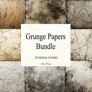 May include: A digital bundle of grunge papers featuring various textures and colors, including shades of brown, beige, and gray. The image displays a collection of distressed paper backgrounds with cracks and stains. The text "Grunge Papers Bundle" is displayed in the center.