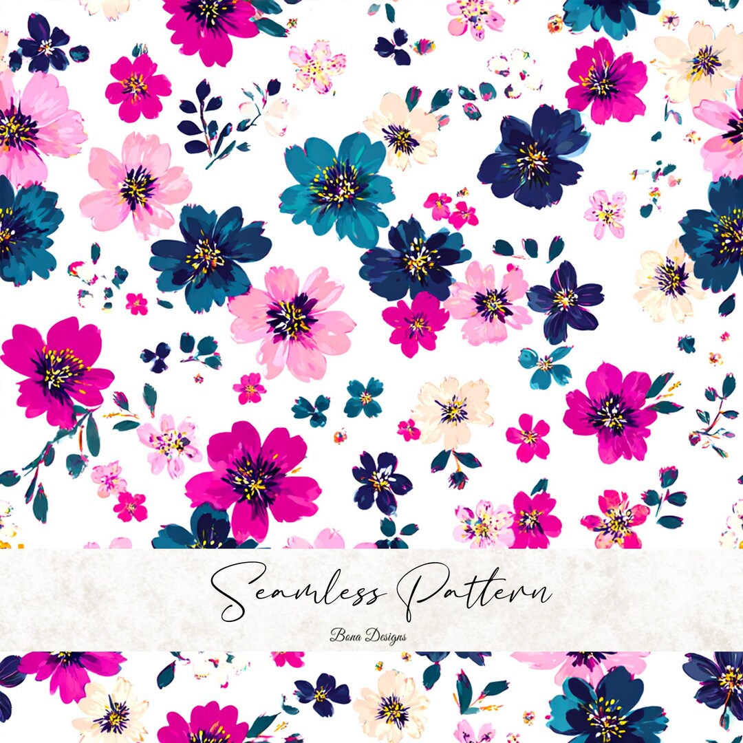 Ditsy Floral Seamless Pattern: Pink Blue Flowers Fabric Print (digital ...