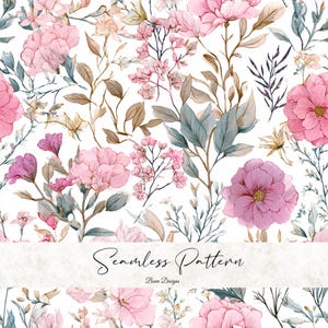 Pode incluir: Padrão floral sem costura com peónias cor-de-rosa e outras flores, folhas verdes e castanhas sobre fundo branco. O texto "Seamless Pattern" é exibido em uma fonte de script. Estilo aquarela.