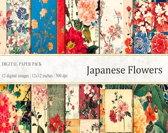 Japanese Floral Digital Papers: Asian Collage Sheets (12x12 inches, PNG) (Digital Download)